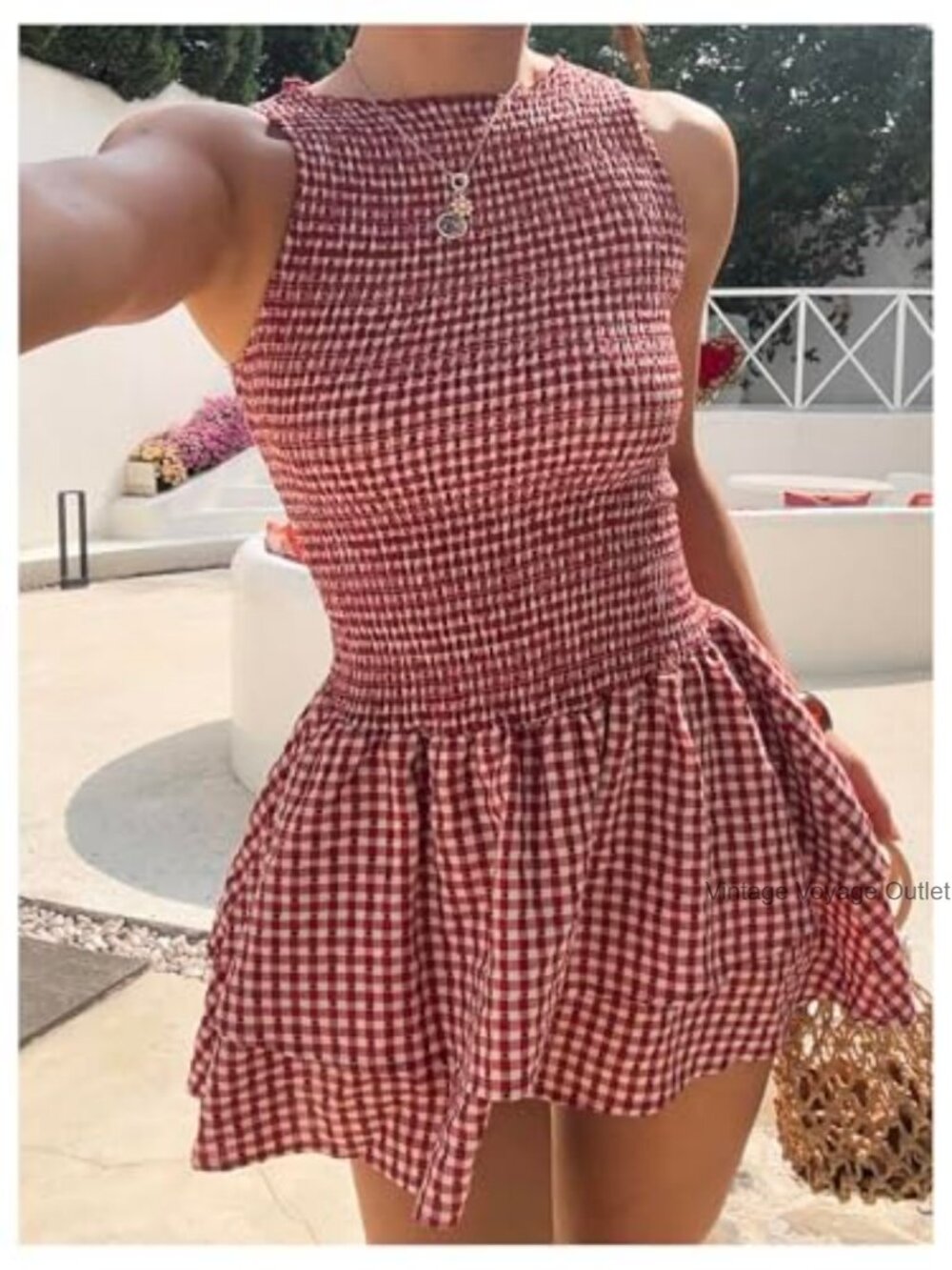 Gingham Mini Dress Sleeveless Ruffle Smocked A-Line Summer Tank Dress View 2